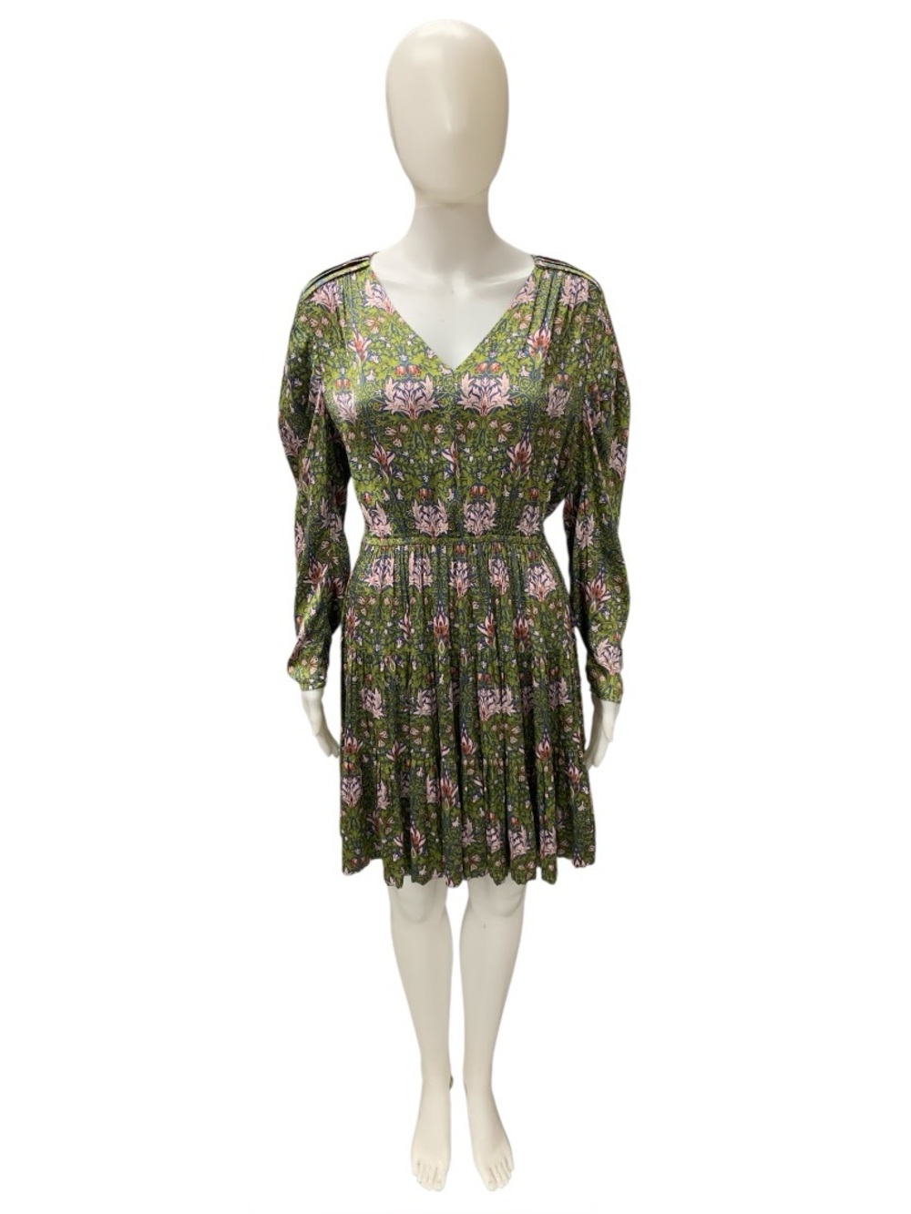 Current Air NWT Green Floral V-Neck Long Sleeve Dress with Pink Accents Size S